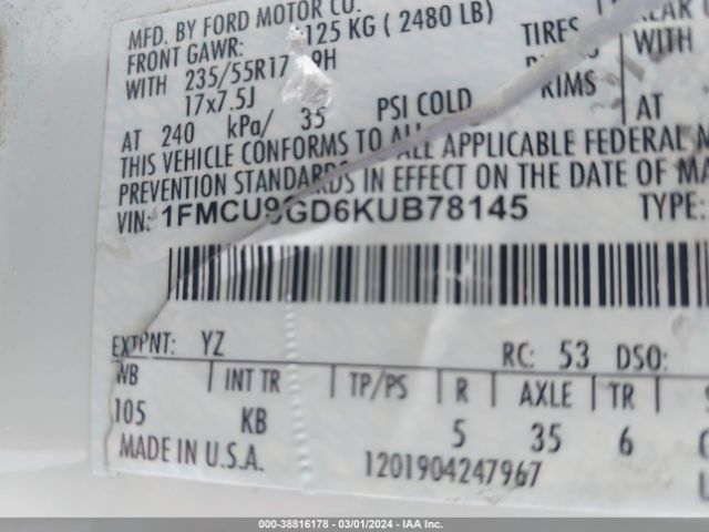 1FMCU9GD6KUB78145 Ford ESCAPE SE