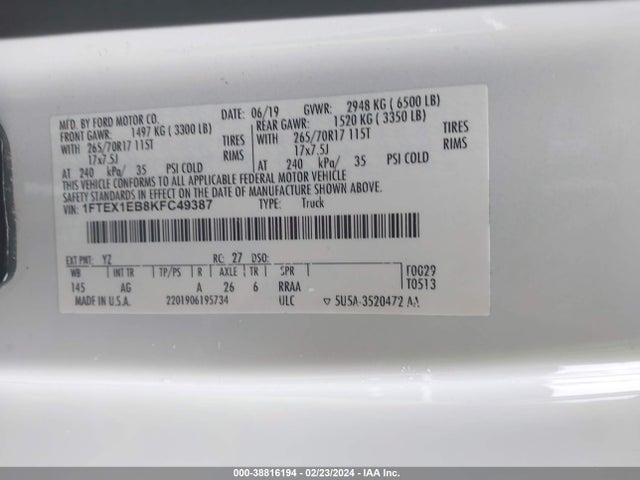 Ford F-150 Xl 2019 1FTEX1EB8KFC49387 Image 9