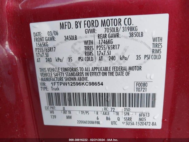 2006 FORD F-150 LARIAT/XLT VIN: 1FTPW12596KC98654