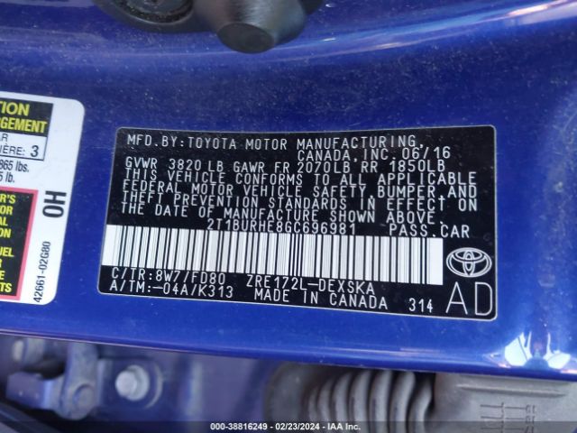 2T1BURHE8GC696981 Toyota Corolla S Plus