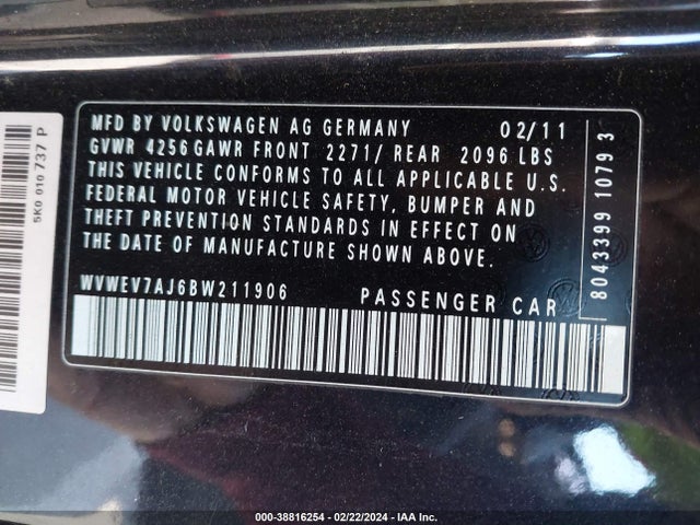 Продажа на аукционе авто 2011 Volkswagen Gti 2-door Autobahn, vin: WVWEV7AJ6BW211906, номер лота: 38816254