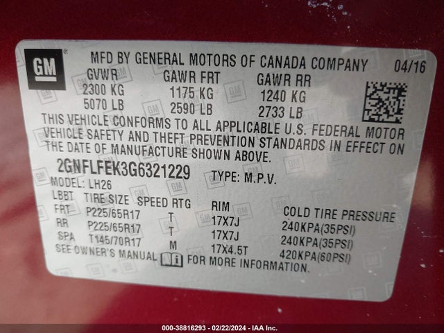 Chevrolet EQUINOX LT 2016 2GNFLFEK3G6321229 Image 9