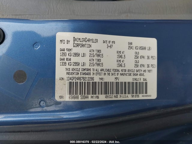 2007 DODGE GRAND CARAVAN SE VIN: 1D4GP24R67B212286