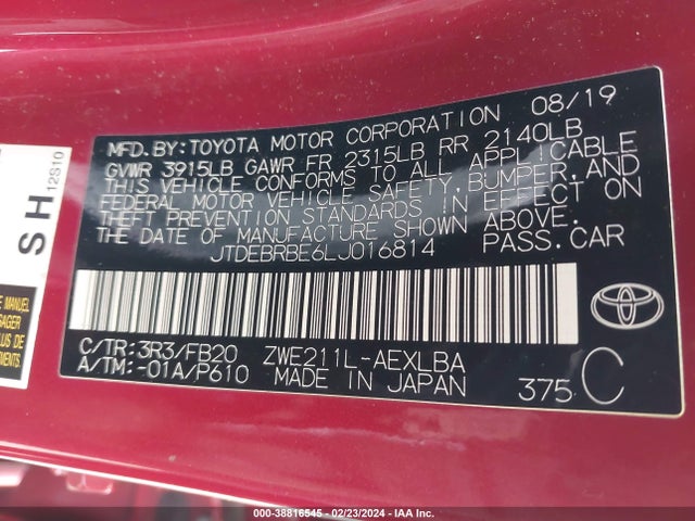 Toyota Corolla Hybrid Le 2020 JTDEBRBE6LJ016814 Image 9