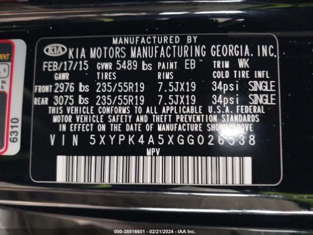 5XYPK4A5XGG026538 KIA Sorento 3.3l Sxl