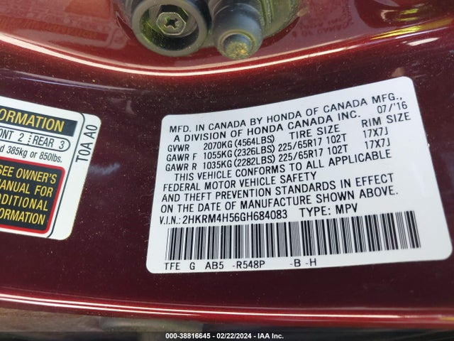 Honda CR-V EX 2016 2HKRM4H56GH684083 Image 9