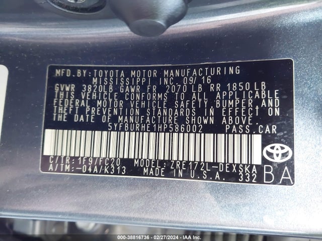 Toyota COROLLA SE 2017 5YFBURHE1HP586002 Image 9