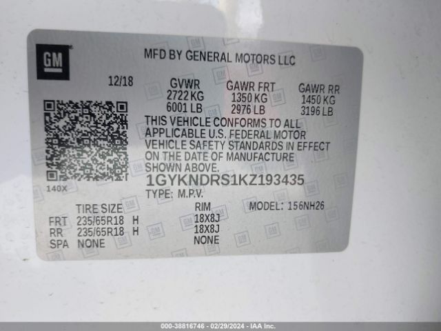 1GYKNDRS1KZ193435 Cadillac XT5 LUXURY