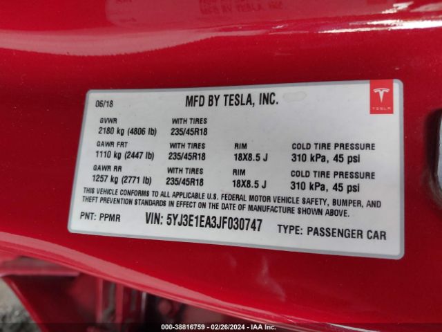 5YJ3E1EA3JF030747 Tesla MODEL 3