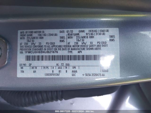1FMCU0H65NUB21676 Ford ESCAPE SEL