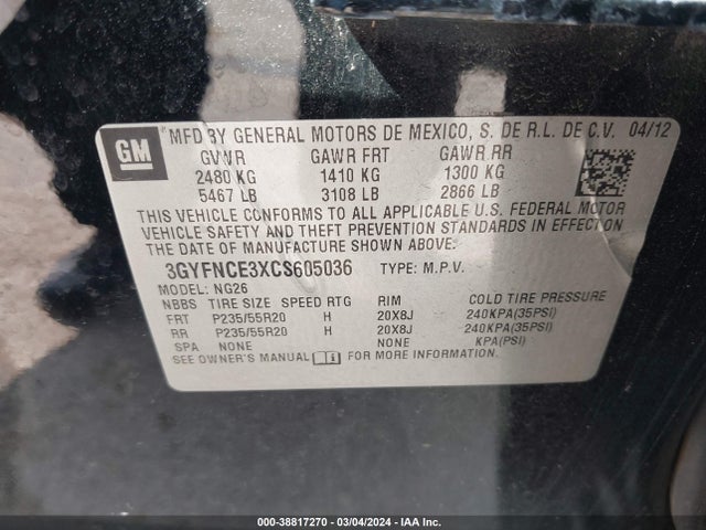 Продаж на аукціоні авто 2012 Cadillac Srx Premium Collection, vin: 3GYFNCE3XCS605036, номер лоту: 38817270