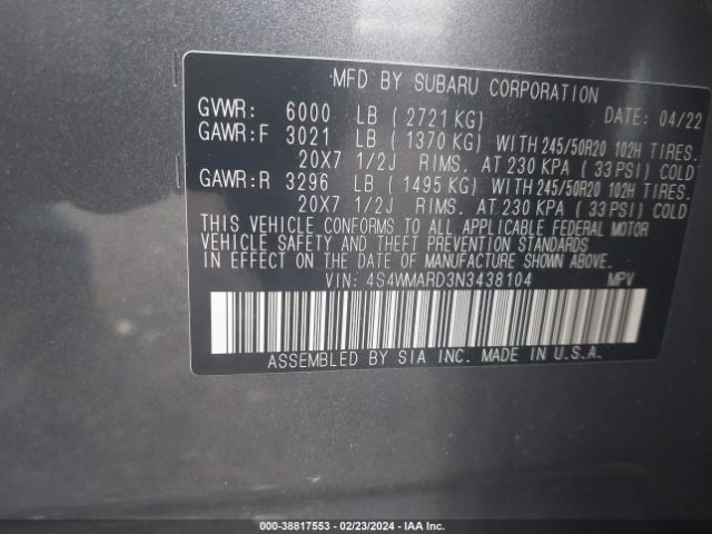 4S4WMARD3N3438104 Subaru Ascent Touring