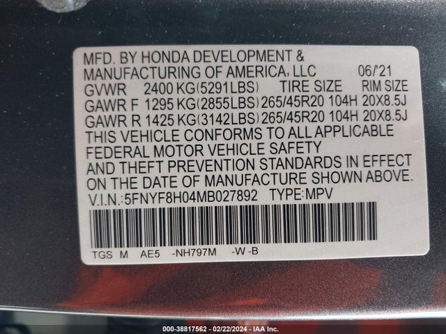 Honda Passport Awd Elite 2021 5FNYF8H04MB027892 Image 9