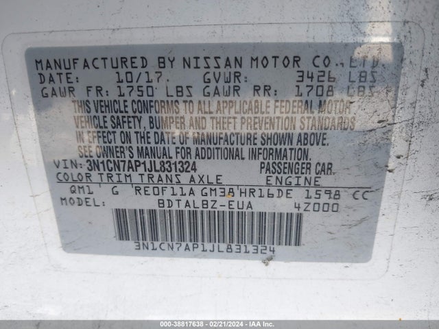 Nissan Versa 1.6 Sv 2018 3N1CN7AP1JL831324 Image 9