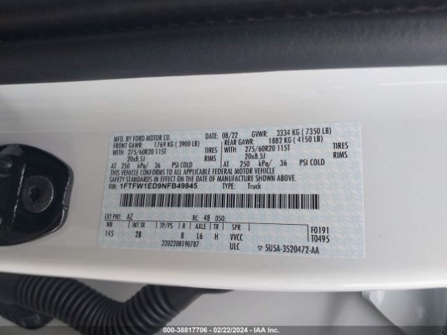 1FTFW1ED9NFB49845 Ford F-150 Lariat