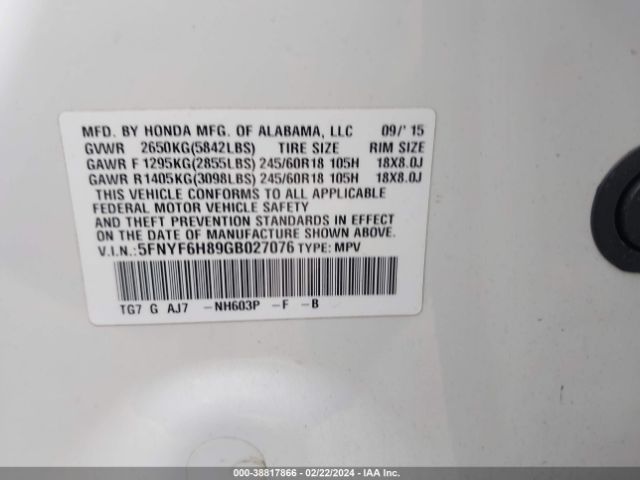 5FNYF6H89GB027076 Honda Pilot Ex-l