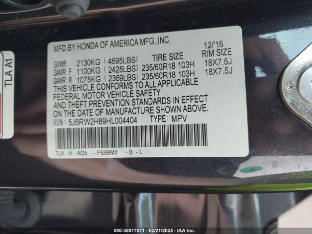 5J6RW2H89HL004404 Honda Cr-v Ex-l/ex-l Navi