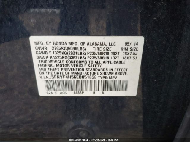 5FNYF4H56EB051858 Honda Pilot Ex-l