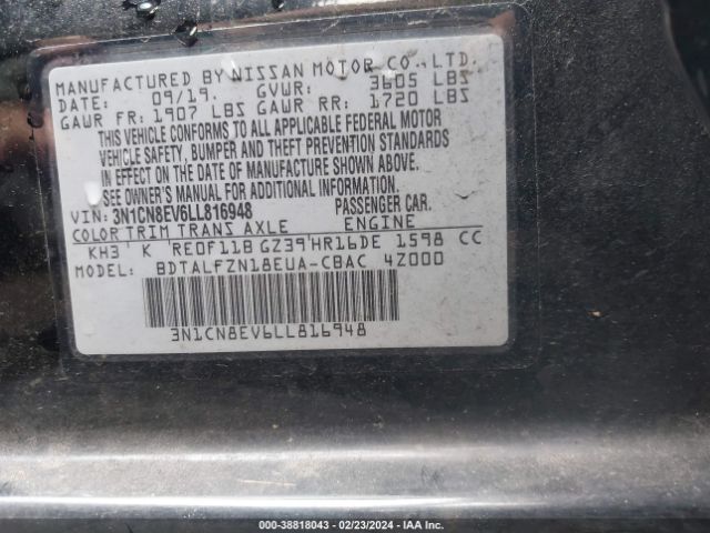 3N1CN8EV6LL816948 Nissan Versa Sv Xtronic Cvt