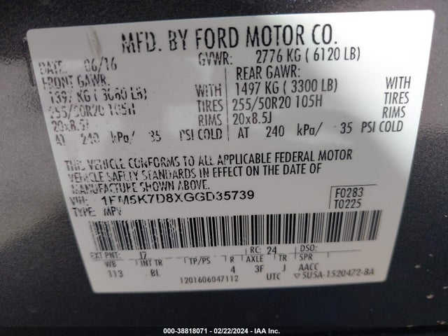Ford EXPLORER XLT 2016 1FM5K7D8XGGD35739 Image 9