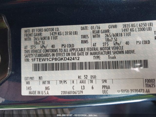 1FTEW1CP8GKD42412 Ford F-150 Xlt