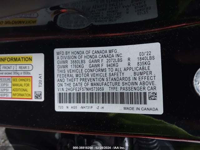 Honda Civic Sport 2022 2HGFE2F57NH573959 Image 9