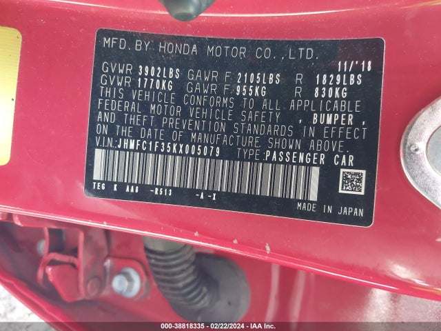 Honda CIVIC EX 2019 JHMFC1F35KX005079 Image 9