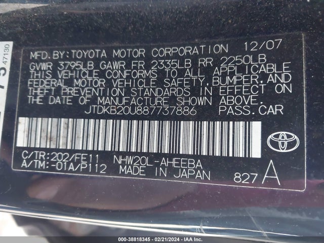 Aukcja sprzedaży 2008 Toyota Prius, vin: JTDKB20U887737886, numer aukcji: 38818345