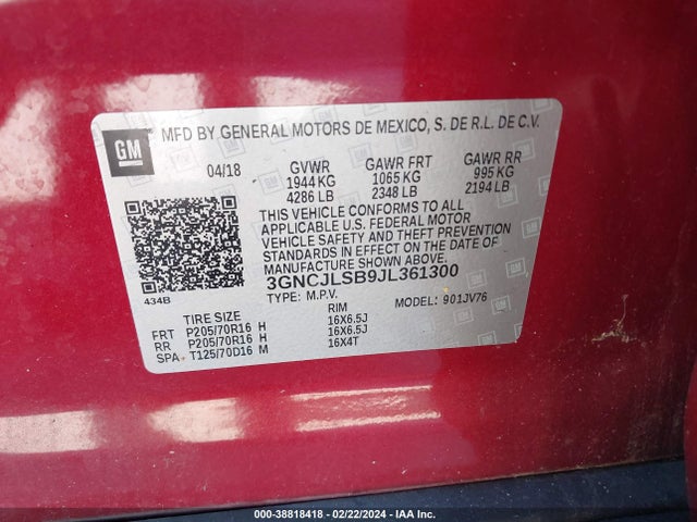 Chevrolet Trax Lt 2018 3GNCJLSB9JL361300 Image 9