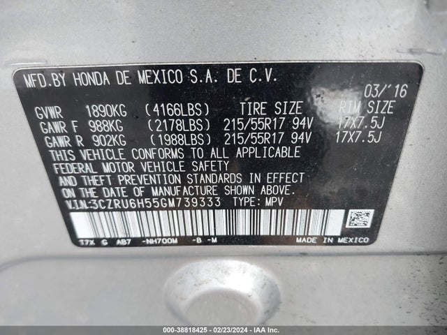 Honda HR-V EX 2016 3CZRU6H55GM739333 Image 9