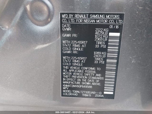 Nissan ROGUE SV 2016 KNMAT2MV6GP649588 Image 9