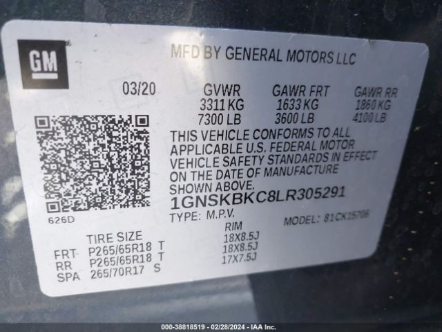 1GNSKBKC8LR305291 Chevrolet Tahoe 4wd Lt