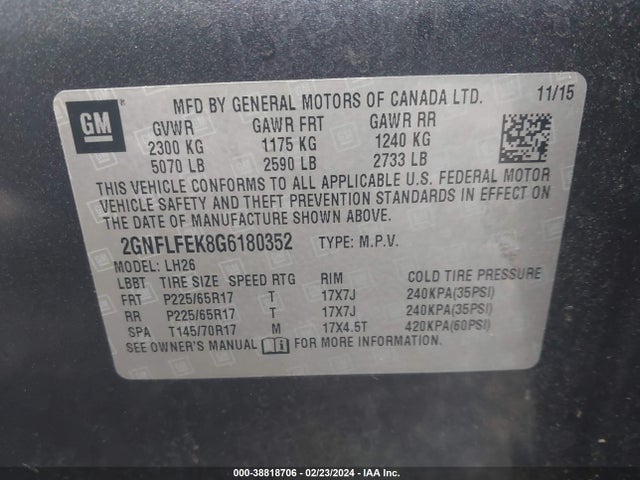 Chevrolet EQUINOX LT 2016 2GNFLFEK8G6180352 Image 9