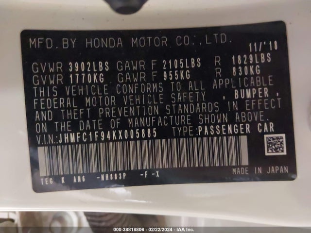 Honda Civic Touring 2019 JHMFC1F94KX005885 Image 9