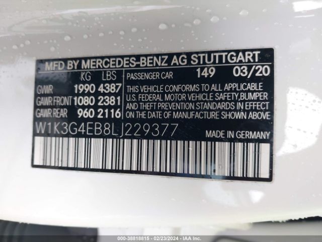 W1K3G4EB8LJ229377 Mercedes-Benz A 220