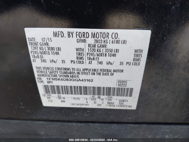 Ford EXPLORER XLT 2016 1FM5K8D83GGA43162 Image 9