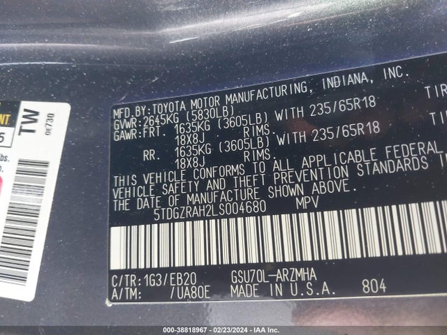 Toyota Highlander Xle 2020 5TDGZRAH2LS004680 Image 9