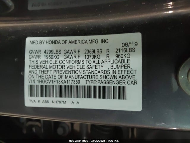 Honda ACCORD LX 2019 1HGCV1F13KA117350 Image 9