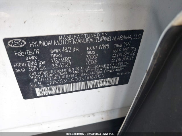 Hyundai Santa Fe Sel 2019 5NMS3CAD0KH087050 Image 9