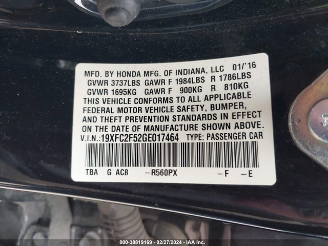 Honda Civic Lx 2016 19XFC2F52GE017464 Image 9