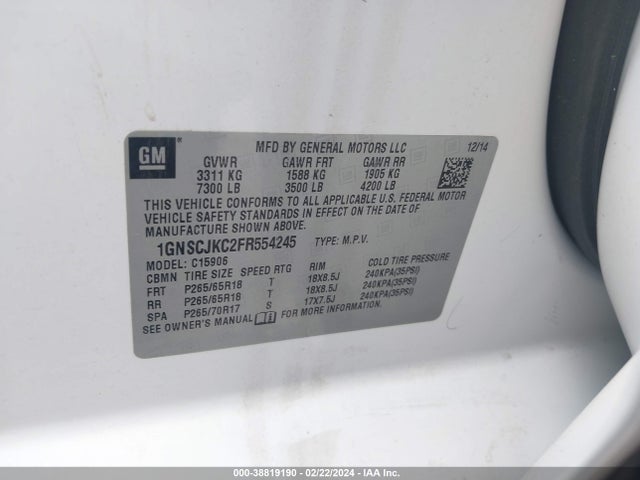 Chevrolet Suburban 1500 Lt 2015 1GNSCJKC2FR554245 Image 9