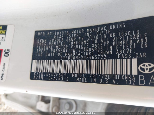 Toyota COROLLA LE 2016 5YFBURHE2GP465722 Image 9