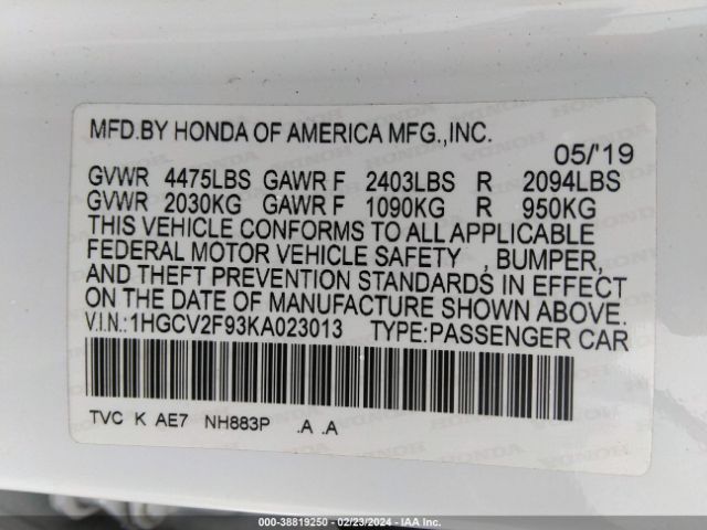 1HGCV2F93KA023013 Honda Accord Touring 2.0t