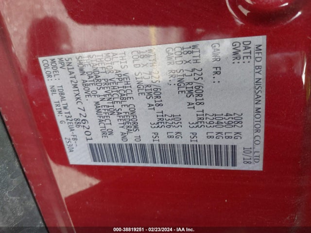 Nissan ROGUE SV 2019 5N1AT2MTXKC726201 Image 9