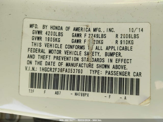 Honda ACCORD LX 2015 1HGCR2F36FA053760 Image 9