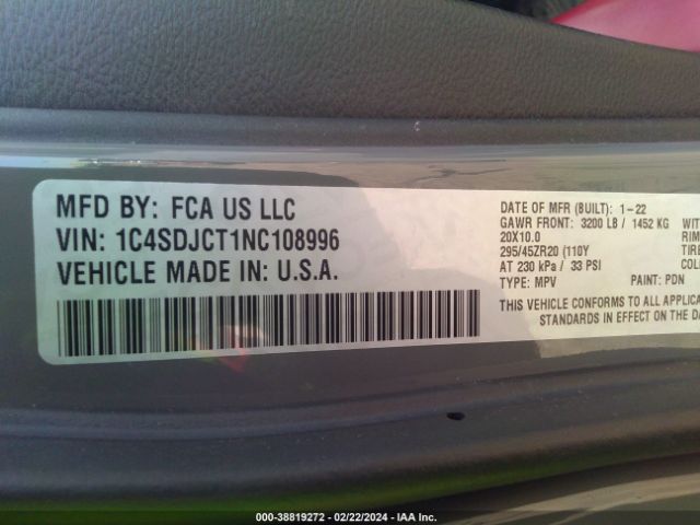 1C4SDJCT1NC108996 Dodge Durango R/t Awd