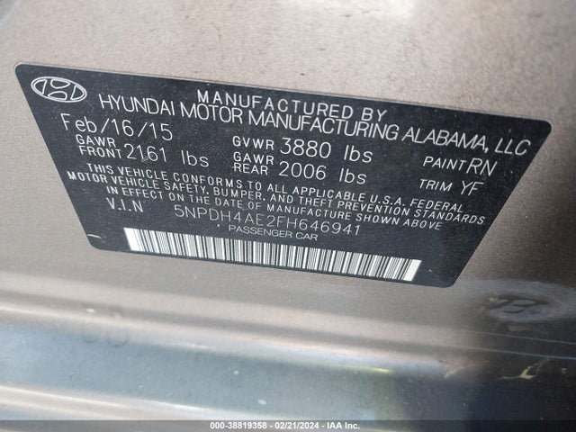 2015 HYUNDAI ELANTRA SE VIN: 5NPDH4AE2FH646941