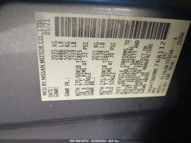 2021 NISSAN ROGUE SV FWD VIN: 5N1AT3BA9MC768112