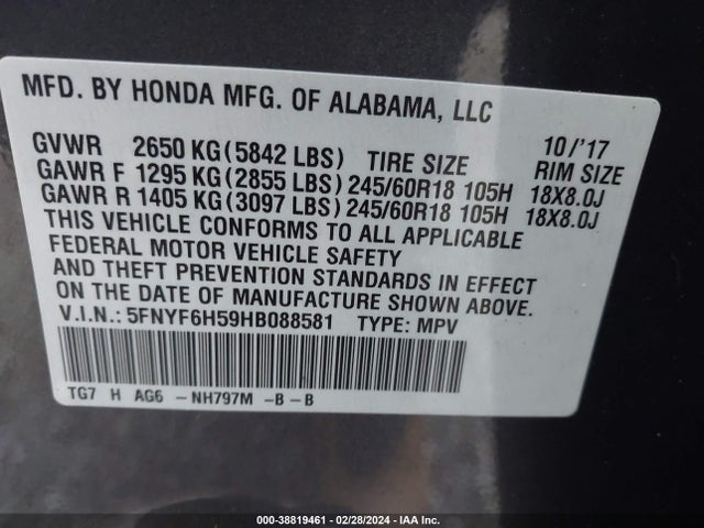 Honda Pilot Ex-l 2017 5FNYF6H59HB088581 Image 9