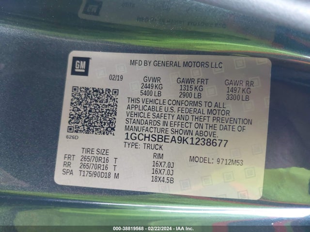 Chevrolet Colorado Wt 2019 1GCHSBEA9K1238677 Image 9